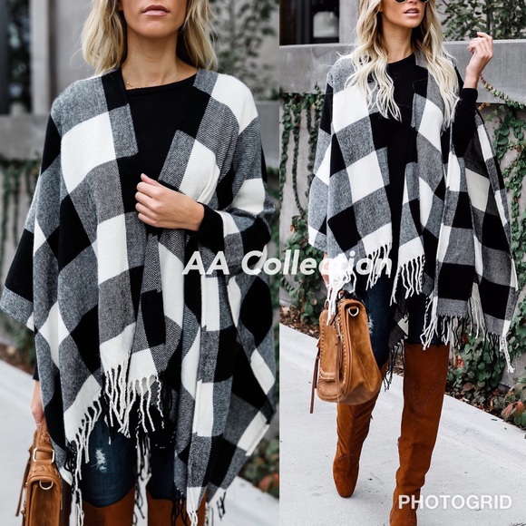 Accessories - Buffalo Check plaid Tassel shawl Poncho cover up